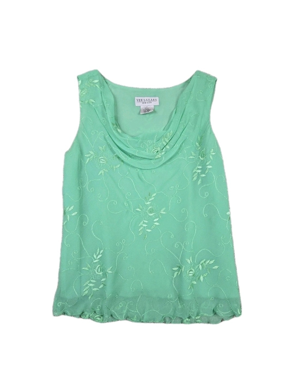 Vintage Silk Cowl Neck Tank Top Mint Green Floral Fairycore Dainty Feminine Sz M